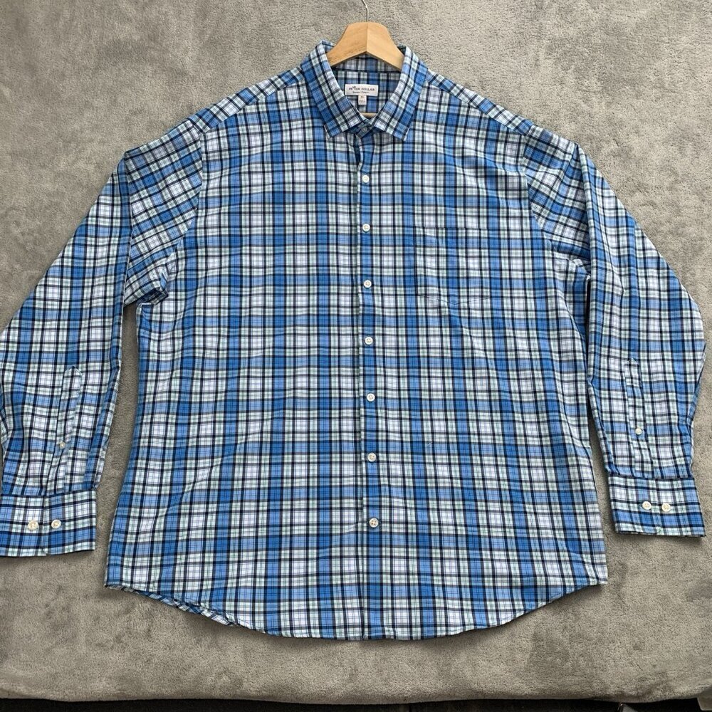 Peter Millar Shirt Men's XL Summer Comfort Long Sleeve Button Up Plaid Blue